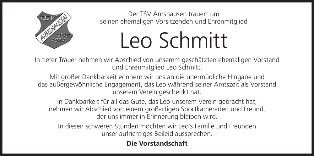 Traueranzeige für Leo Schmitt vom 09.09.2023 aus MGO