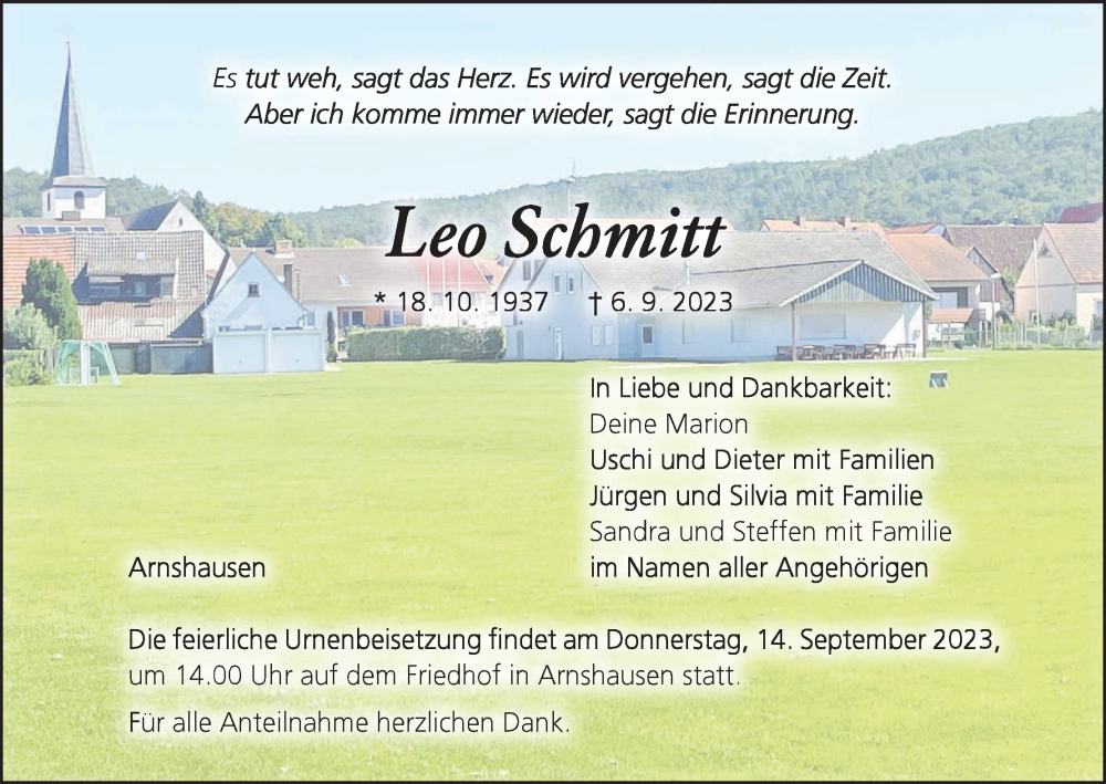  Traueranzeige für Leo Schmitt vom 09.09.2023 aus MGO