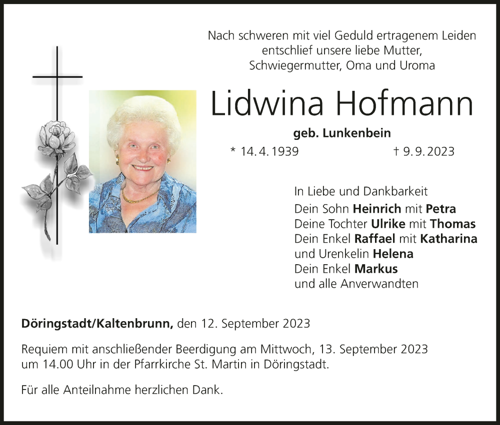  Traueranzeige für Lidwina Hofmann vom 12.09.2023 aus MGO