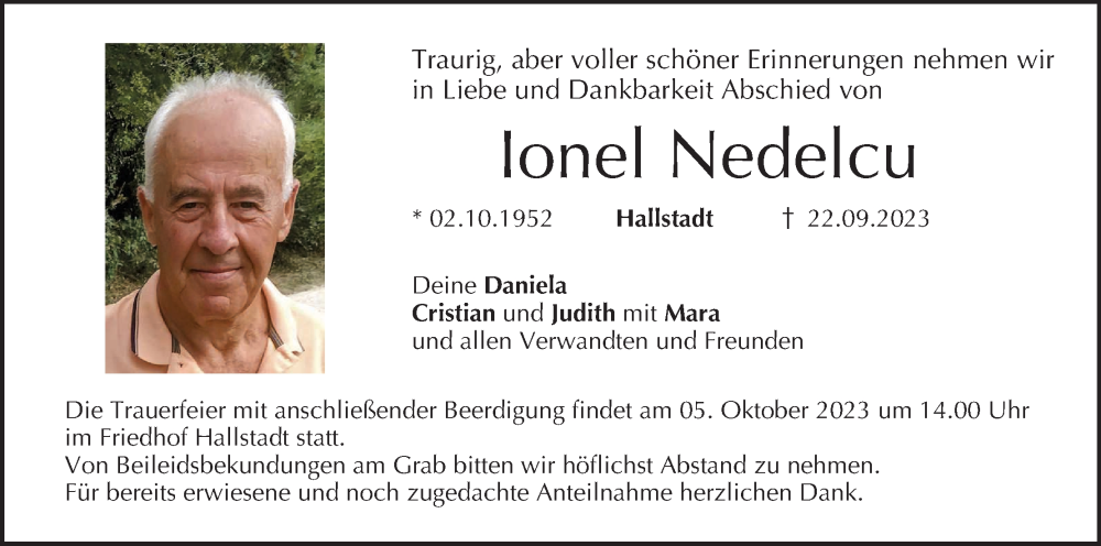  Traueranzeige für lonel Nedelcu vom 30.09.2023 aus MGO