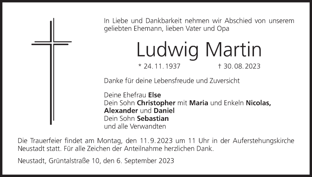  Traueranzeige für Ludwig Martin vom 06.09.2023 aus MGO