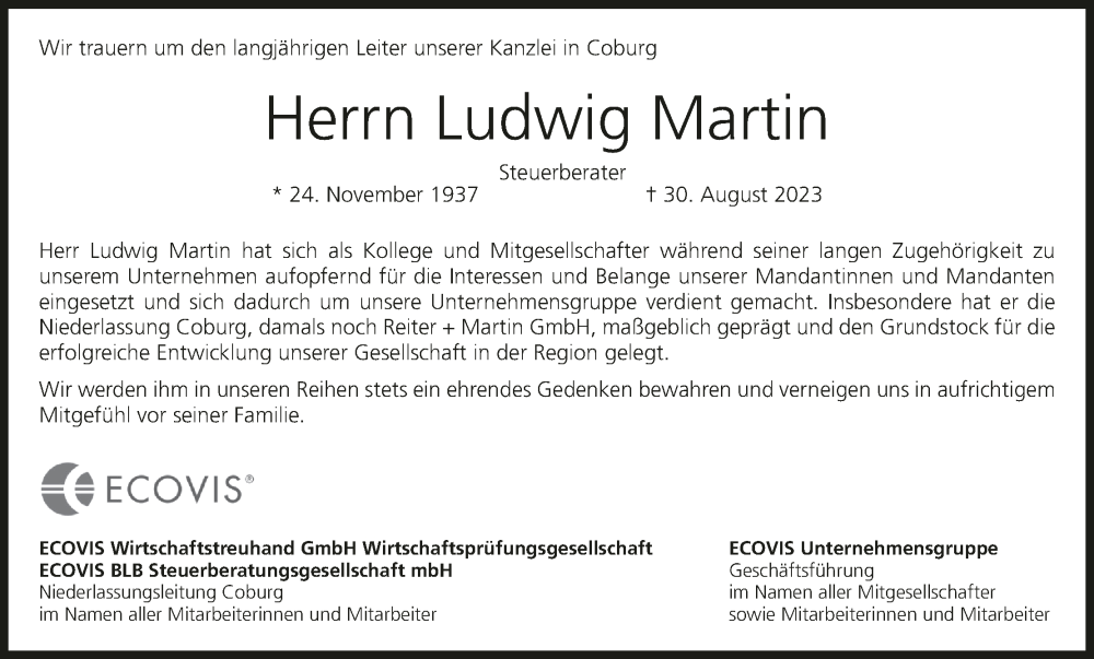  Traueranzeige für Ludwig Martin vom 06.09.2023 aus MGO