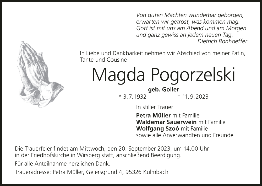  Traueranzeige für Magda Pogorzelski vom 19.09.2023 aus MGO