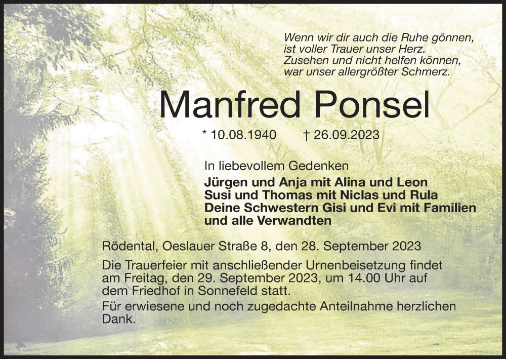  Traueranzeige für Manfred Ponsel vom 28.09.2023 aus MGO