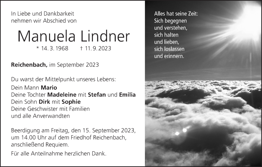  Traueranzeige für Manuela Lindner vom 14.09.2023 aus MGO