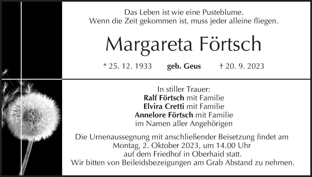  Traueranzeige für Margareta Förtsch vom 30.09.2023 aus MGO