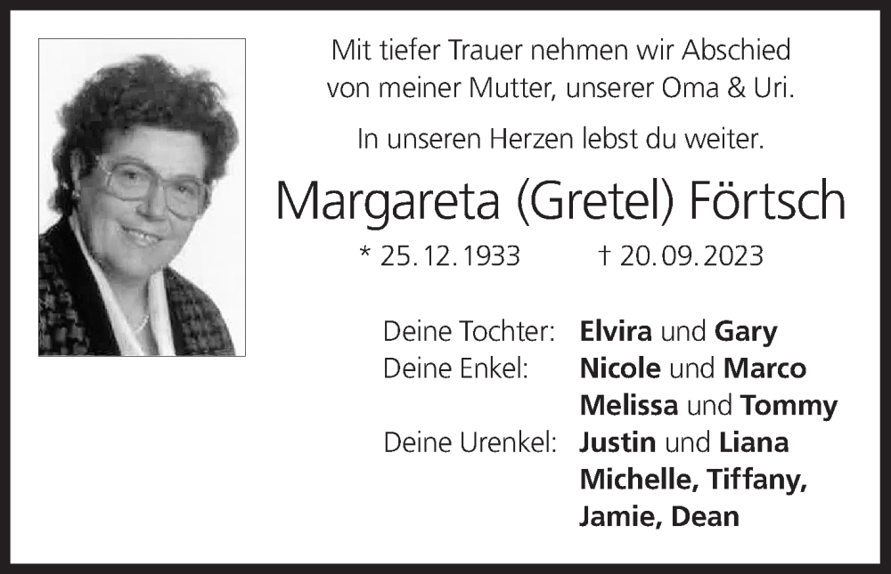  Traueranzeige für Margareta Förtsch vom 30.09.2023 aus MGO