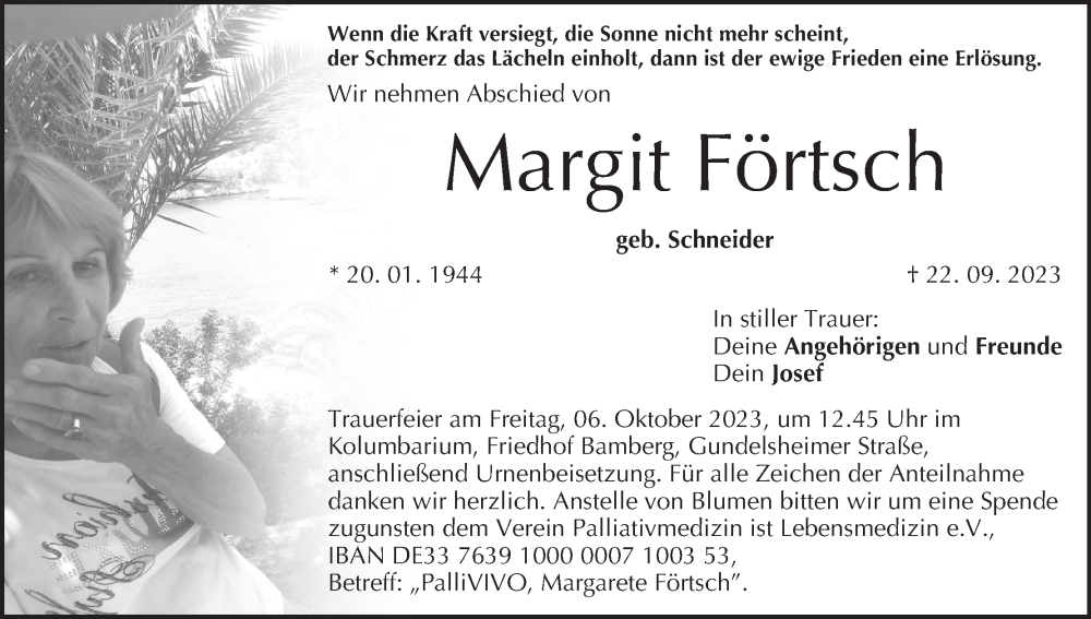  Traueranzeige für Margit Förtsch vom 30.09.2023 aus MGO