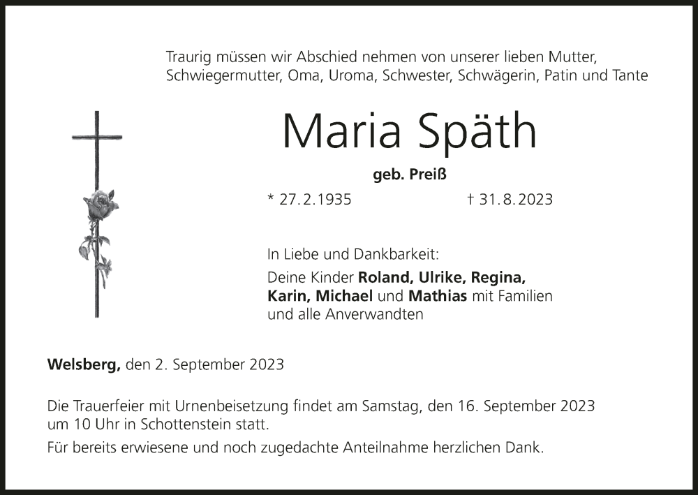  Traueranzeige für Maria Späth vom 02.09.2023 aus MGO