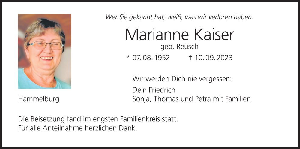  Traueranzeige für Marianne Kaiser vom 23.09.2023 aus MGO