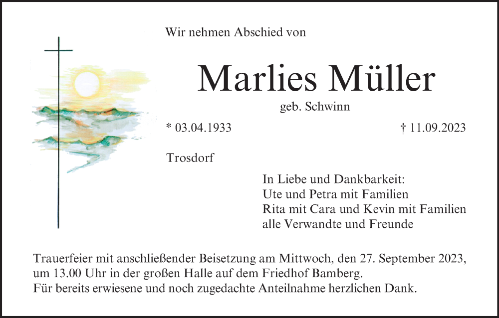  Traueranzeige für Marlies Müller vom 23.09.2023 aus MGO
