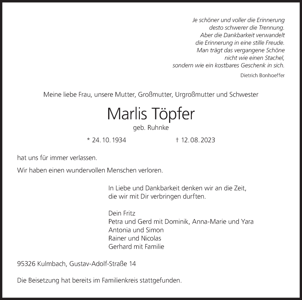  Traueranzeige für Marlis Töpfer vom 07.09.2023 aus MGO