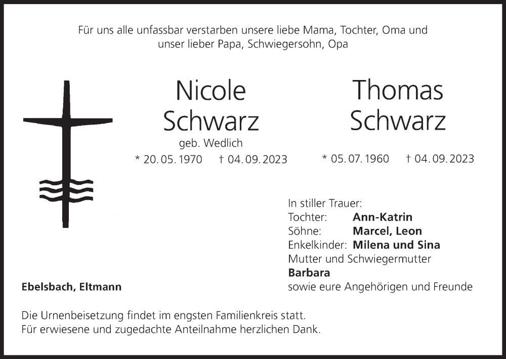  Traueranzeige für Nicole Schwarz vom 20.09.2023 aus MGO
