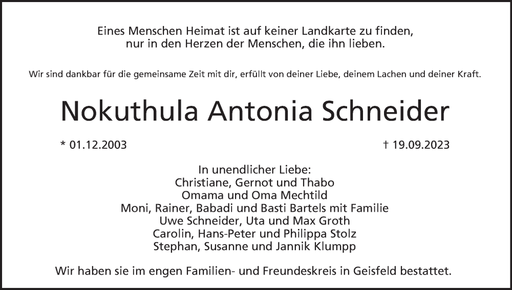  Traueranzeige für Nokuthula Antonia Schneider vom 30.09.2023 aus MGO