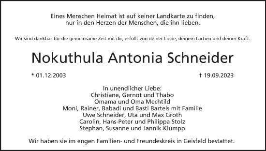 Anzeige von Nokuthula Antonia Schneider von MGO