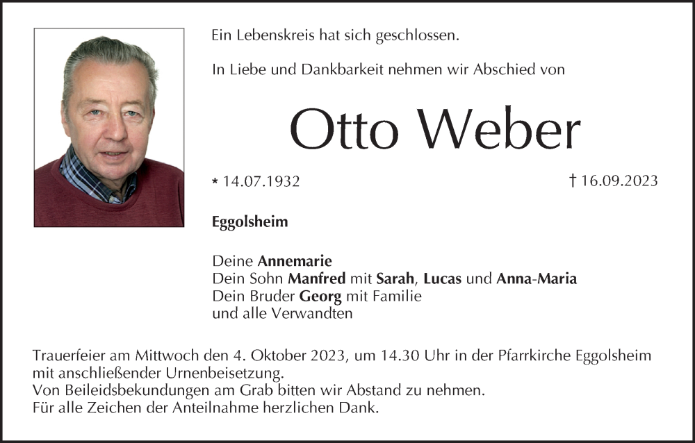  Traueranzeige für Otto Weber vom 30.09.2023 aus MGO