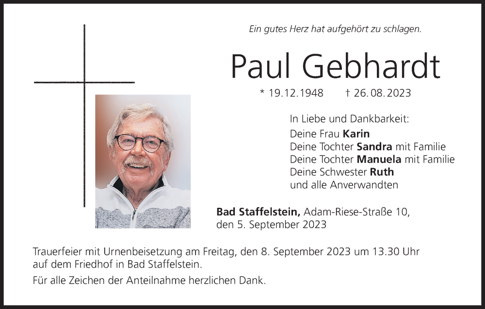 Traueranzeige für Paul Gebhardt vom 05.09.2023 aus MGO