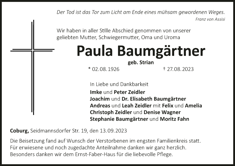  Traueranzeige für Paula Baumgärtner vom 13.09.2023 aus MGO