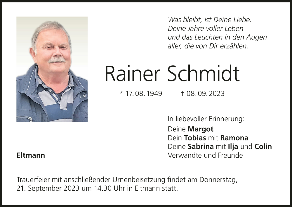  Traueranzeige für Rainer Schmidt vom 19.09.2023 aus MGO