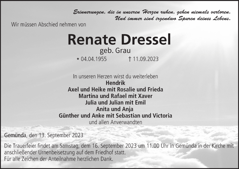  Traueranzeige für Renate Dressel vom 13.09.2023 aus MGO