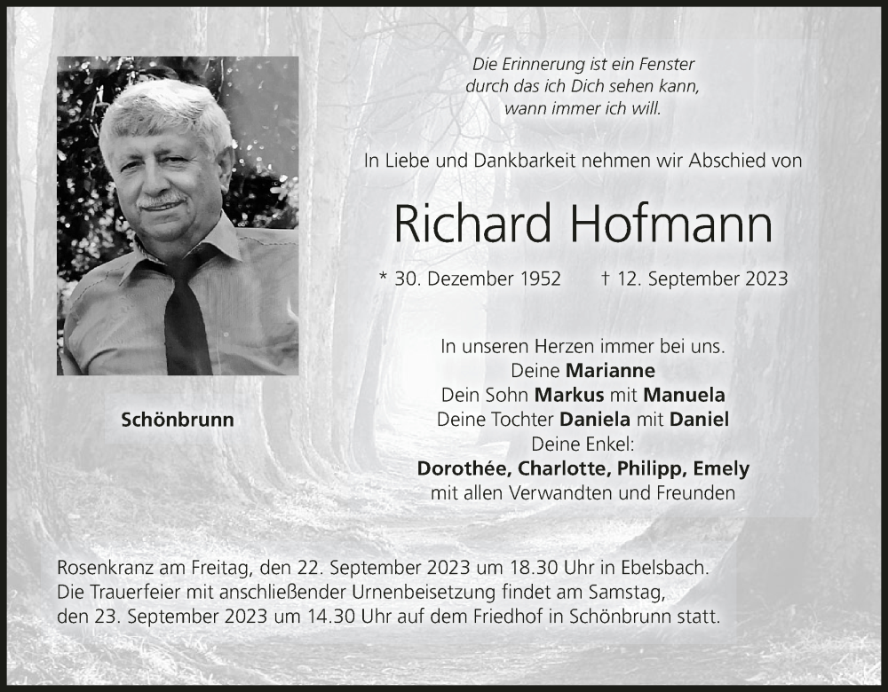  Traueranzeige für Richard Hofmann vom 19.09.2023 aus MGO