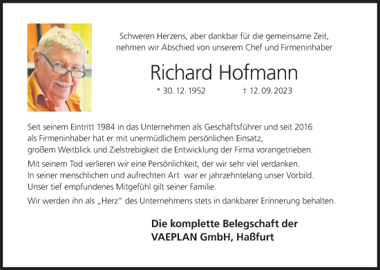 Anzeige von Richard Hofmann von MGO