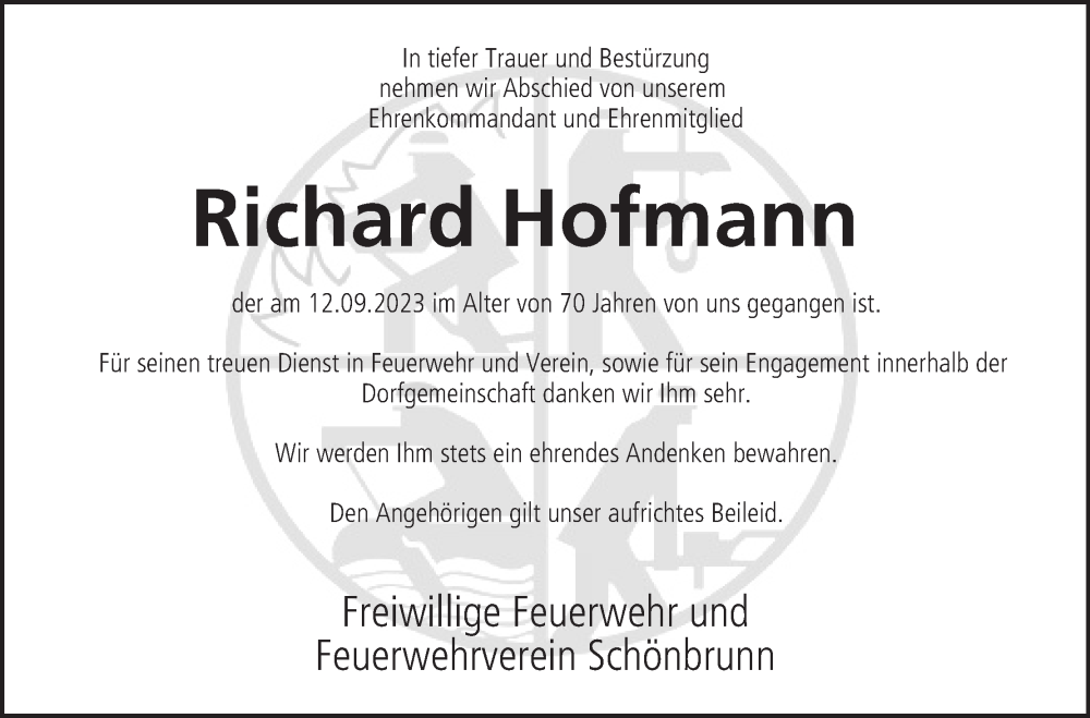  Traueranzeige für Richard Hofmann vom 19.09.2023 aus MGO