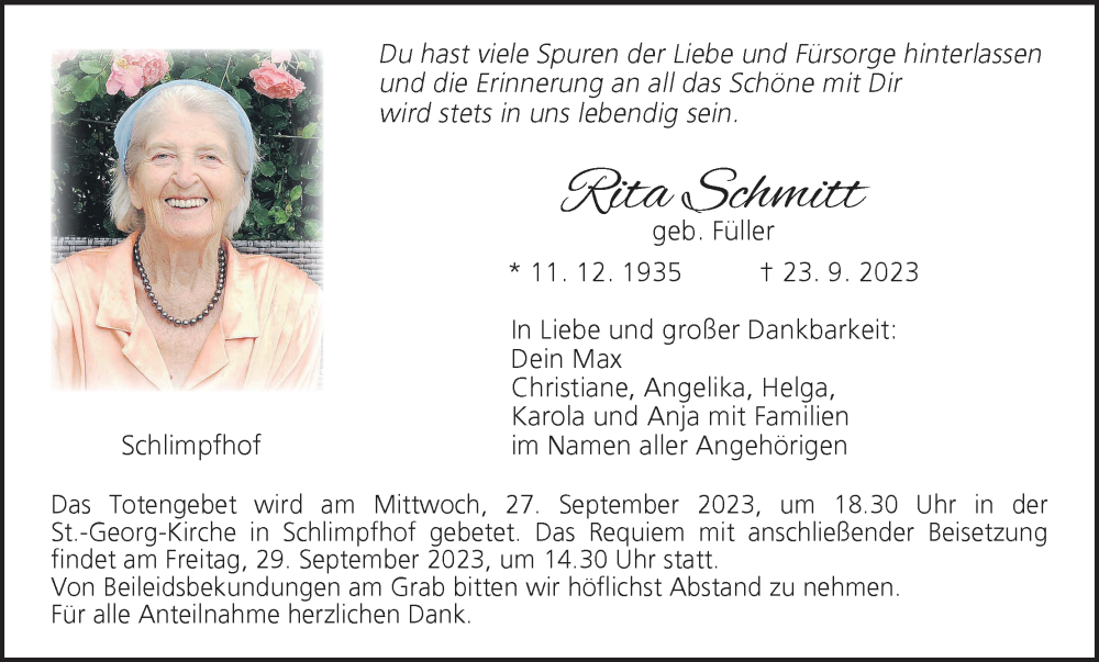  Traueranzeige für Rita Schmitt vom 26.09.2023 aus MGO