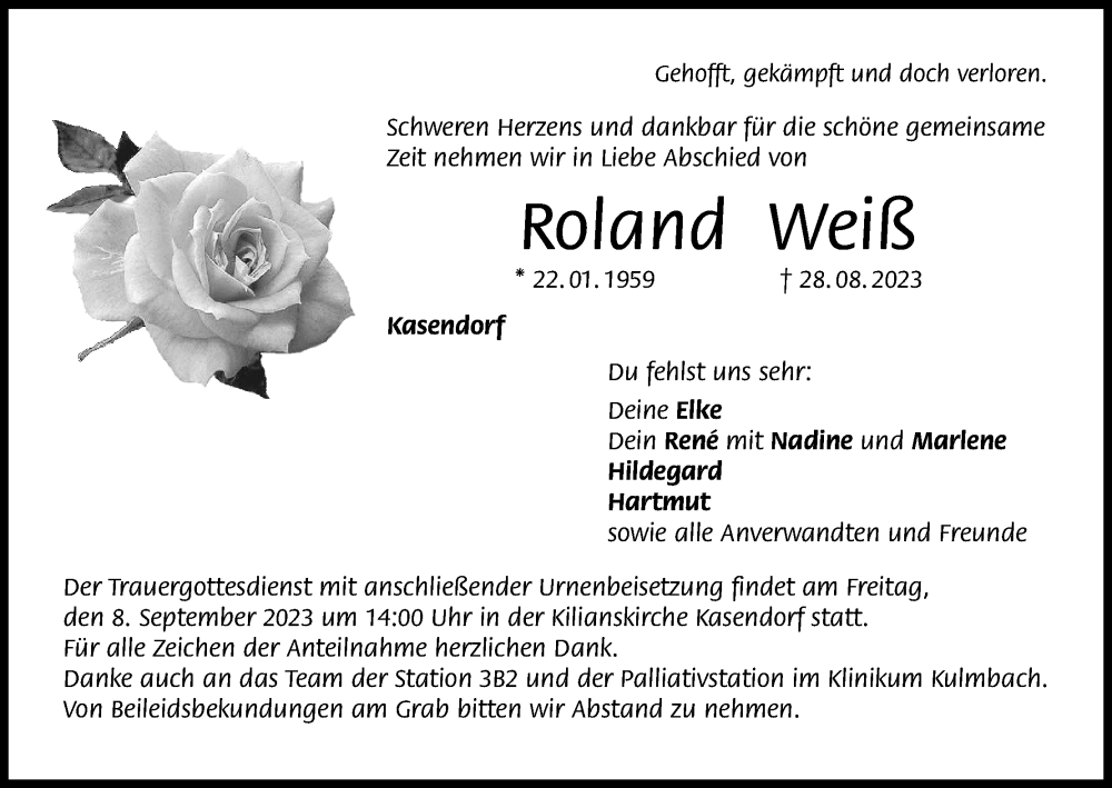  Traueranzeige für Roland weiß vom 06.09.2023 aus MGO