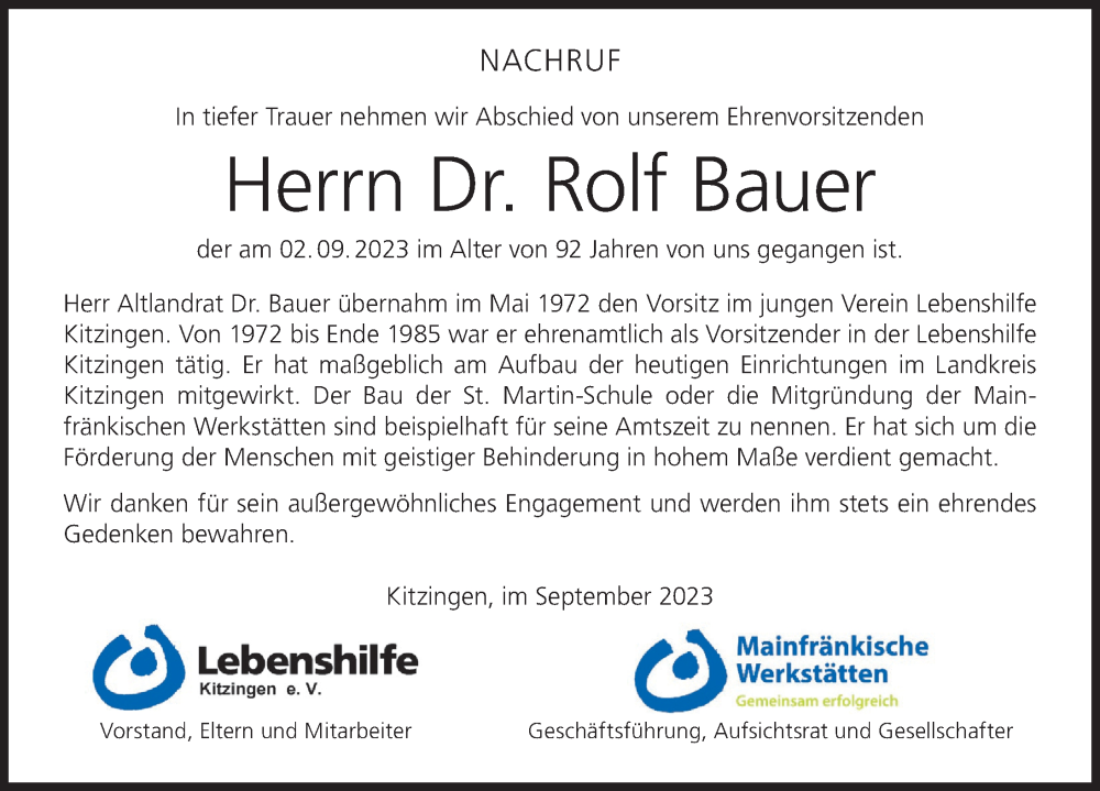  Traueranzeige für Rolf Bauer vom 16.09.2023 aus MGO