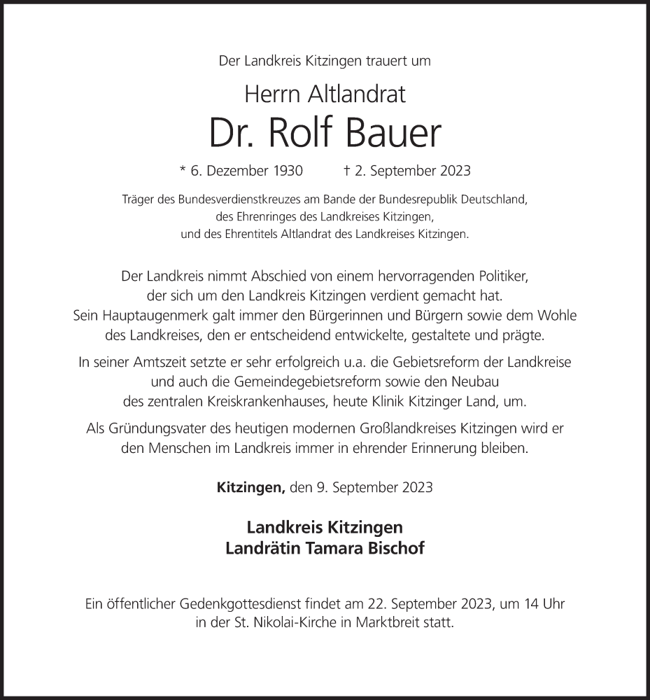  Traueranzeige für Rolf Bauer vom 09.09.2023 aus MGO
