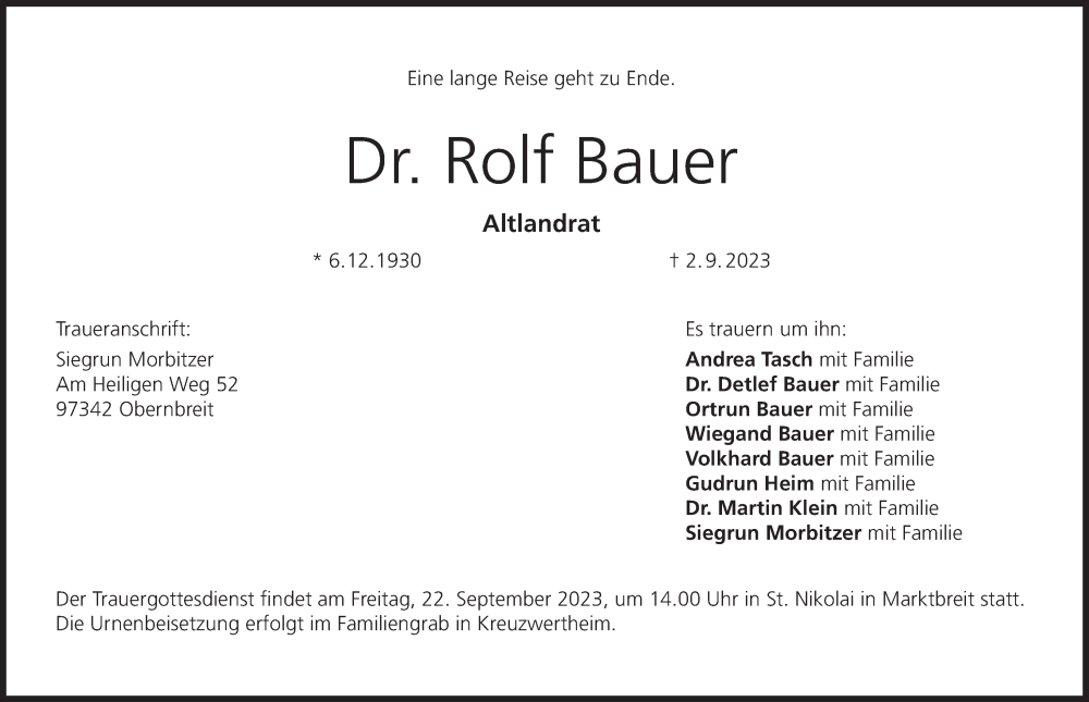  Traueranzeige für Rolf Bauer vom 09.09.2023 aus MGO