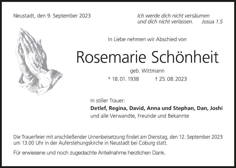 Traueranzeige für Rosemarie Schönheit vom 09.09.2023 aus MGO