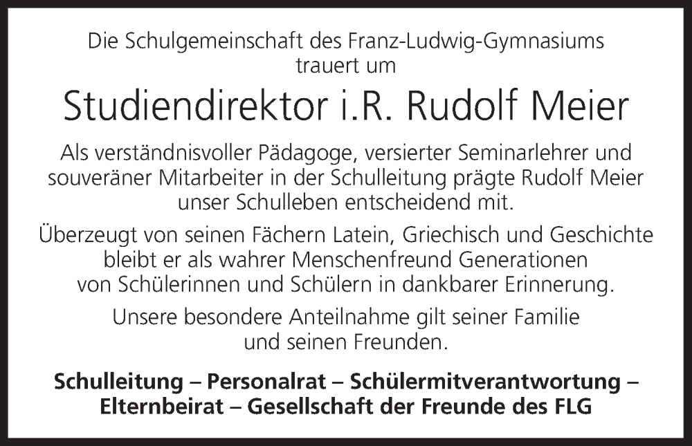  Traueranzeige für Rudolf Meier vom 16.09.2023 aus MGO