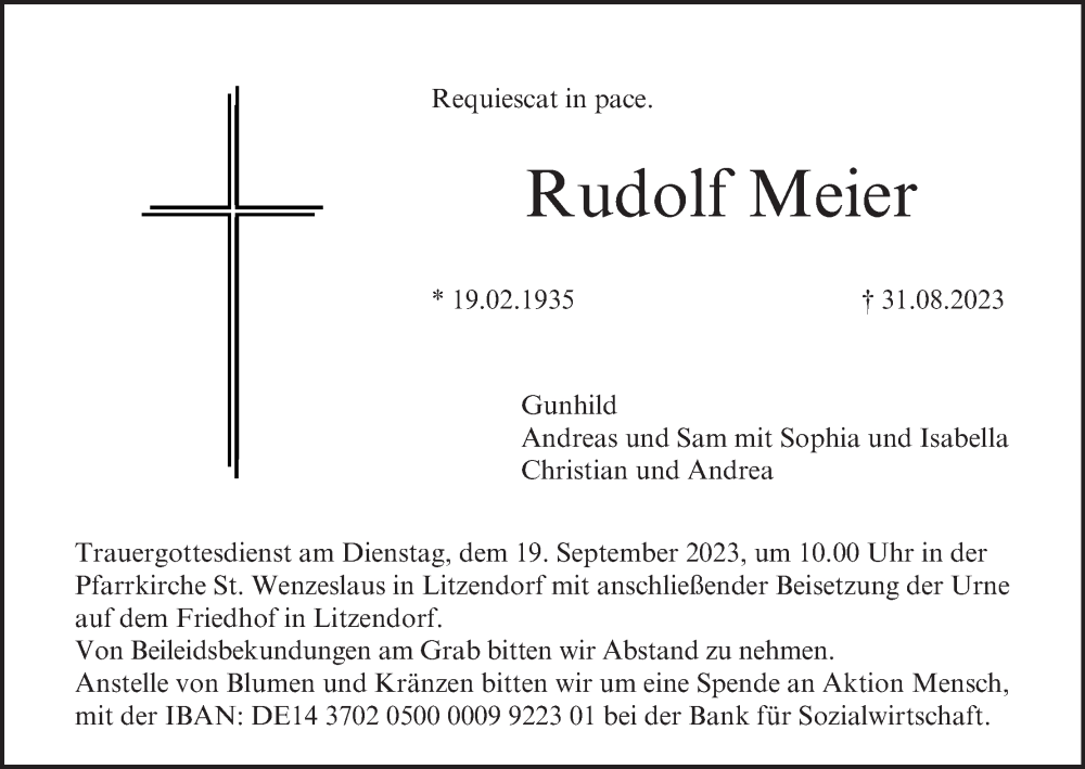  Traueranzeige für Rudolf Meier vom 13.09.2023 aus MGO