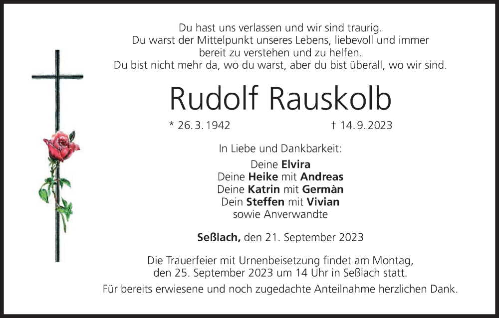  Traueranzeige für Rudolf Rauskolb vom 21.09.2023 aus MGO