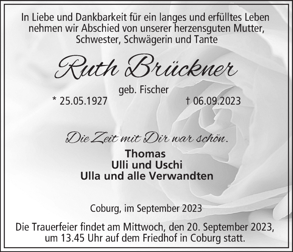  Traueranzeige für Ruth Brückner vom 16.09.2023 aus MGO