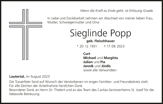 Anzeige von Sieglinde Popp von MGO