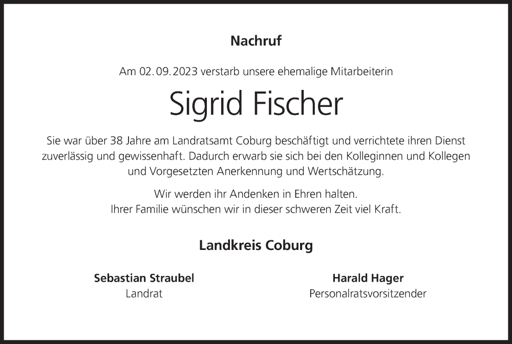  Traueranzeige für Sigrid Fischer vom 18.09.2023 aus MGO