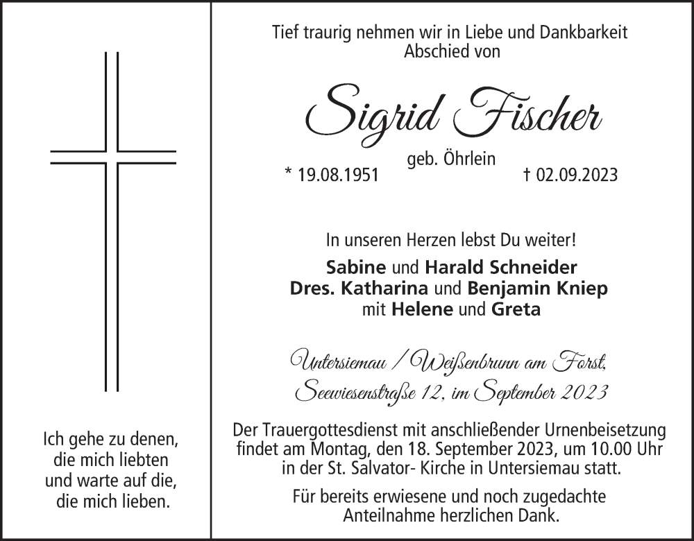  Traueranzeige für Sigrid Fischer vom 15.09.2023 aus MGO