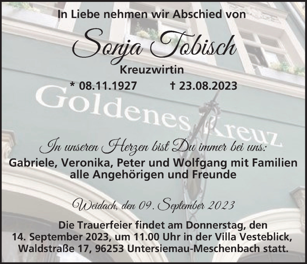  Traueranzeige für Sonja Tobisch vom 09.09.2023 aus MGO