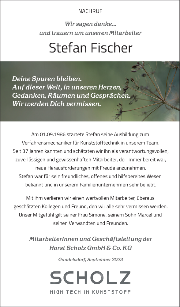  Traueranzeige für Stefan Fischer vom 21.09.2023 aus MGO