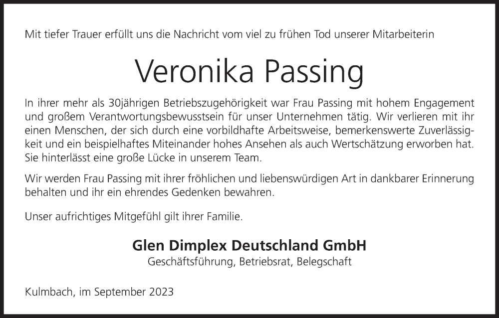  Traueranzeige für Veronika Passing vom 30.09.2023 aus MGO