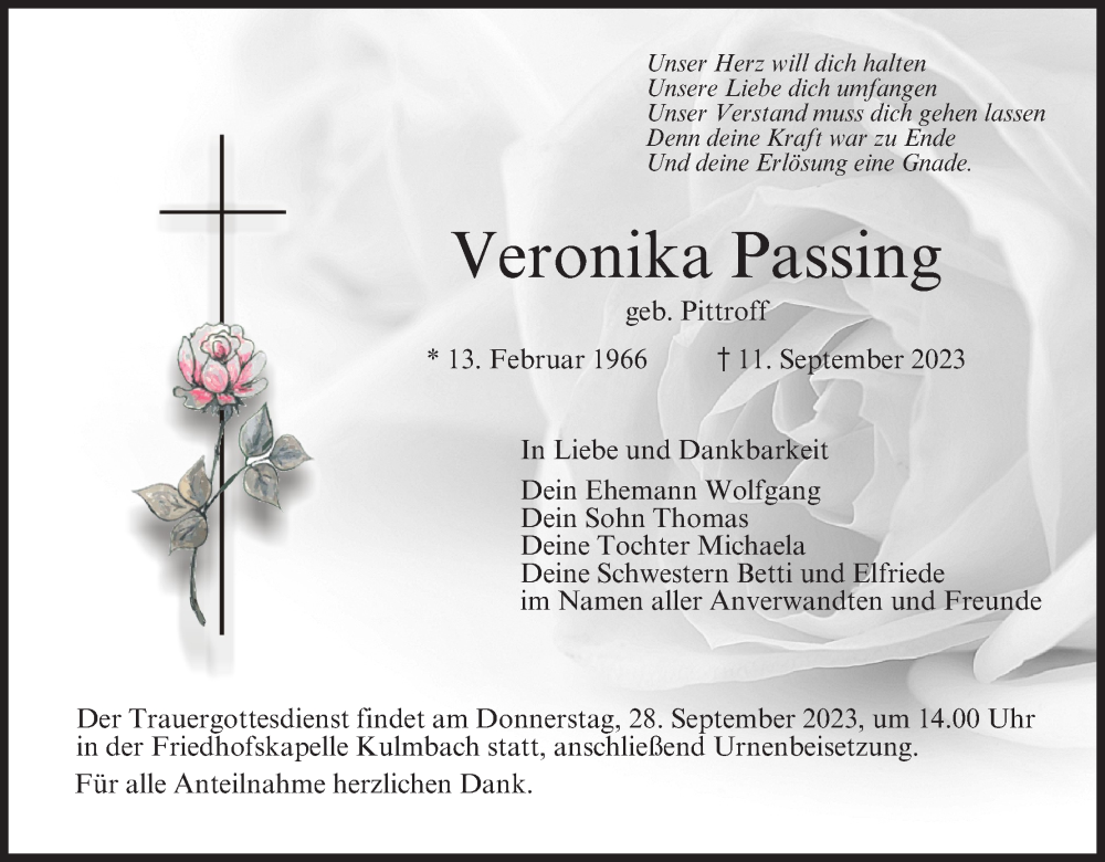  Traueranzeige für Veronika Passing vom 26.09.2023 aus MGO