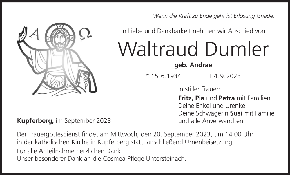  Traueranzeige für Waltraud Dumler vom 16.09.2023 aus MGO