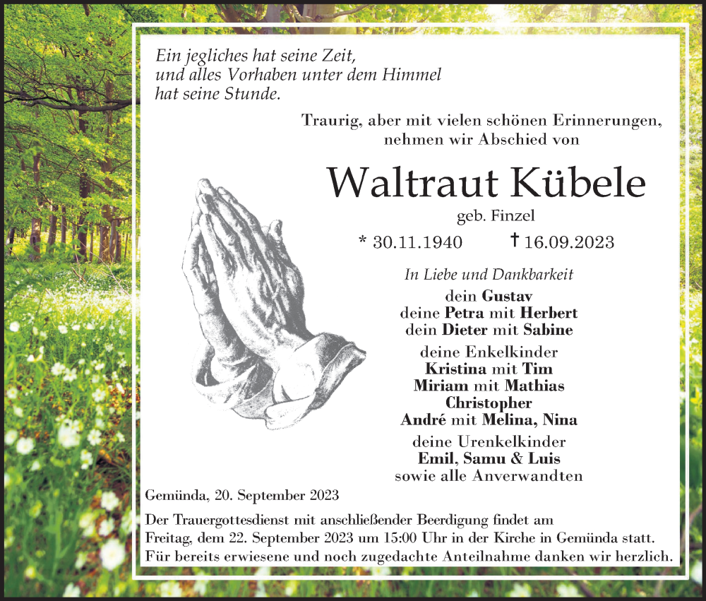  Traueranzeige für Waltraut Kübele vom 20.09.2023 aus MGO