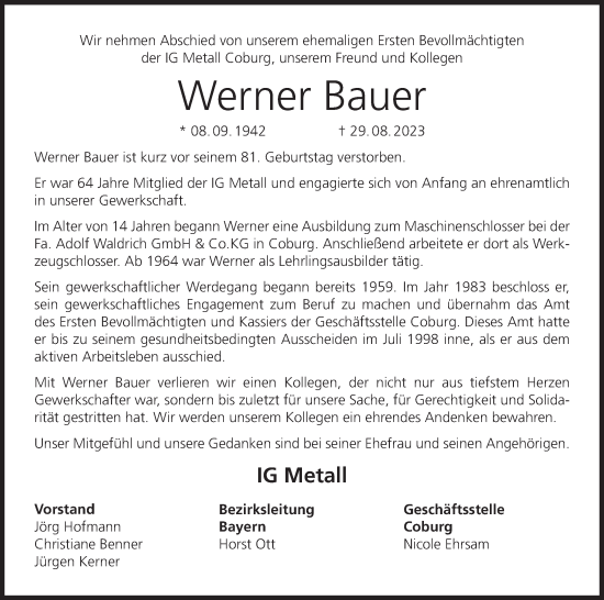 Anzeige von Werner Bauer von MGO