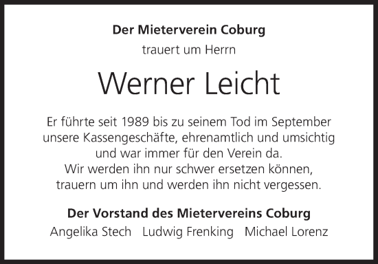 Anzeige von Werner Leicht von MGO