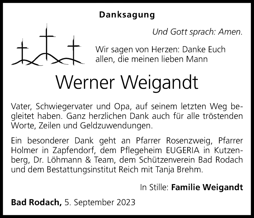  Traueranzeige für Werner Weigandt vom 09.09.2023 aus MGO