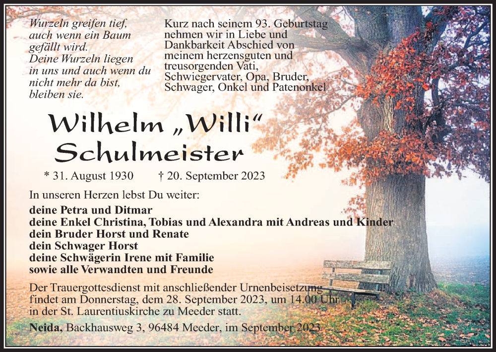  Traueranzeige für Wilhelm Schulmeister vom 23.09.2023 aus MGO